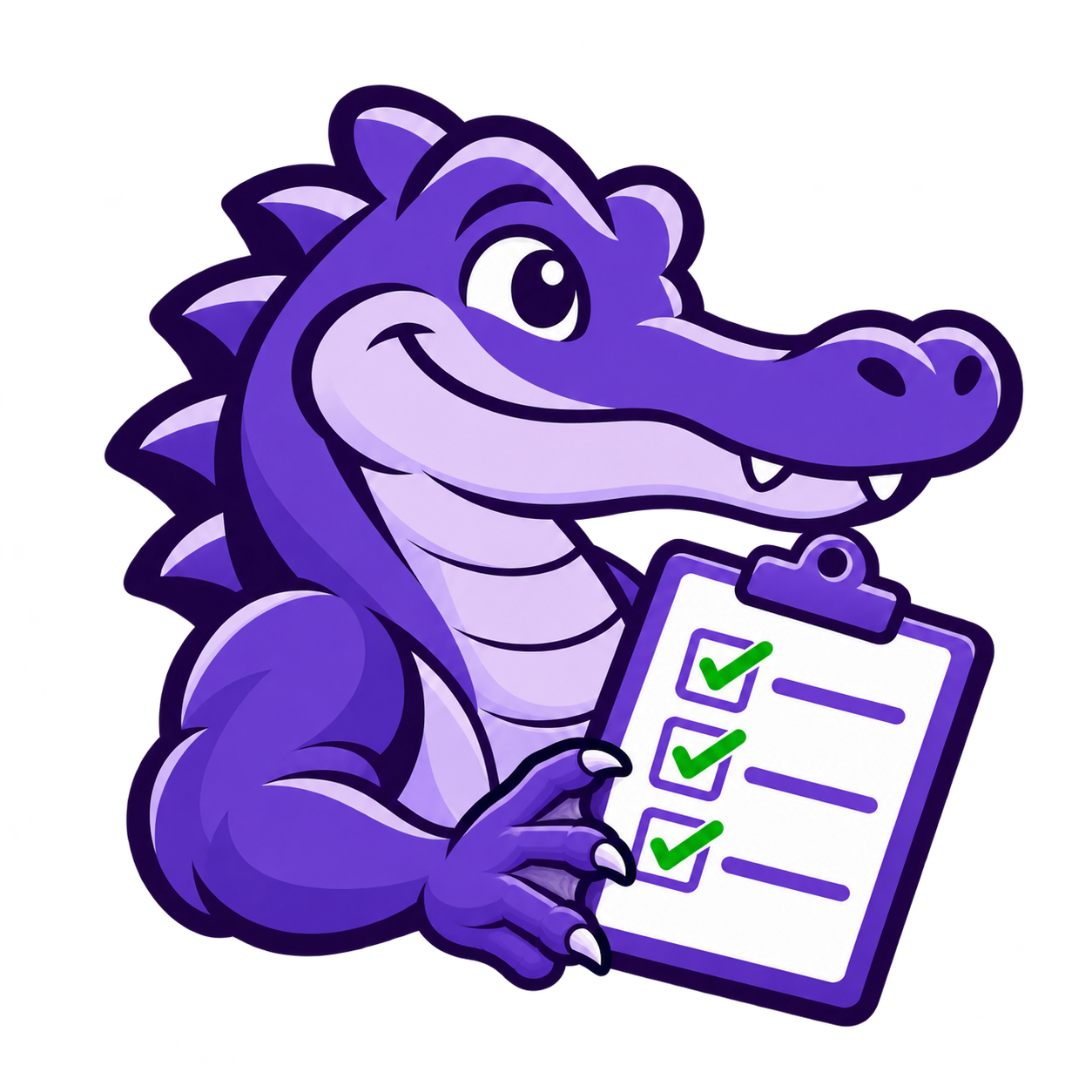 The Keen Mitigator, a purple alligator auditing a checklist