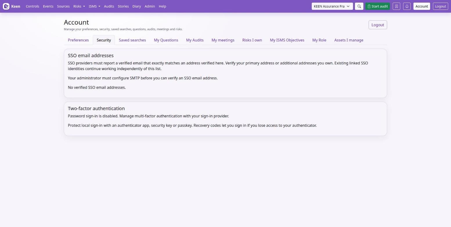 Account → Security: verified SSO e-mail addresses and the second-factor settings for local sign-in.