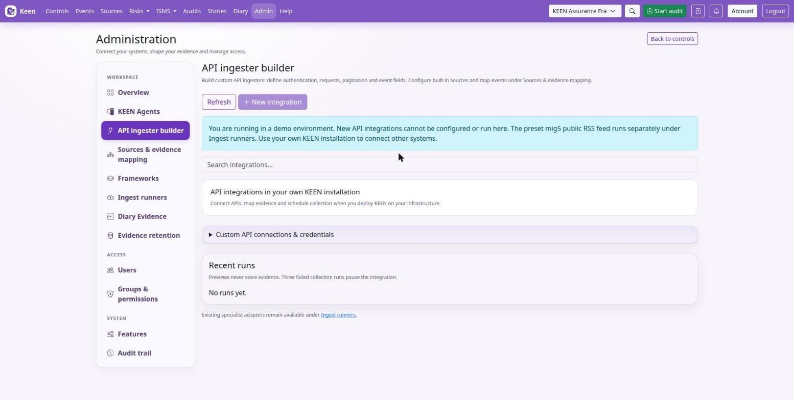 The API ingester builder lists integrations, custom connections and credentials, and recent runs.