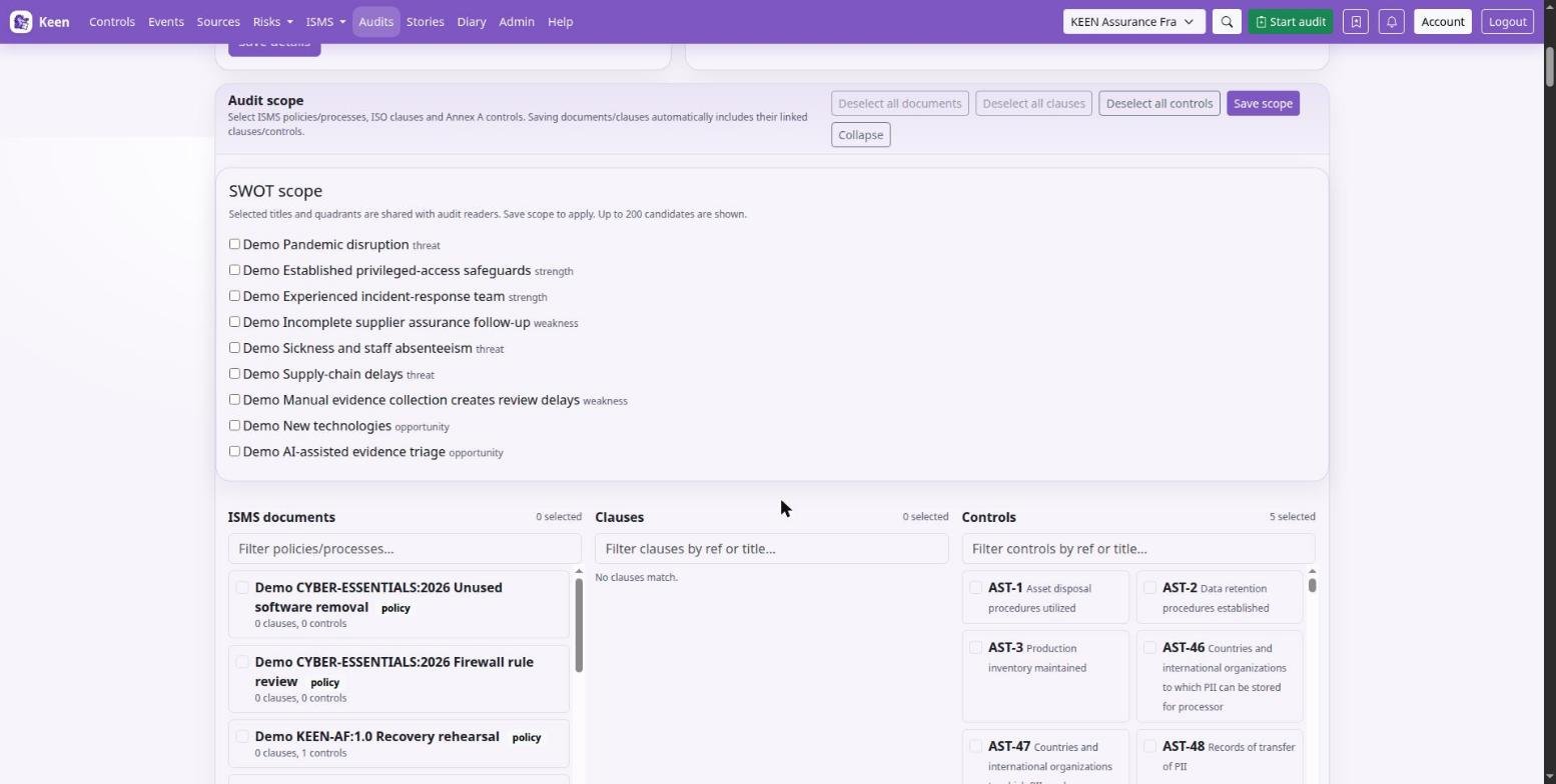 Audit scope: SWOT items, ISMS documents, clauses and controls are ticked into scope and saved together.