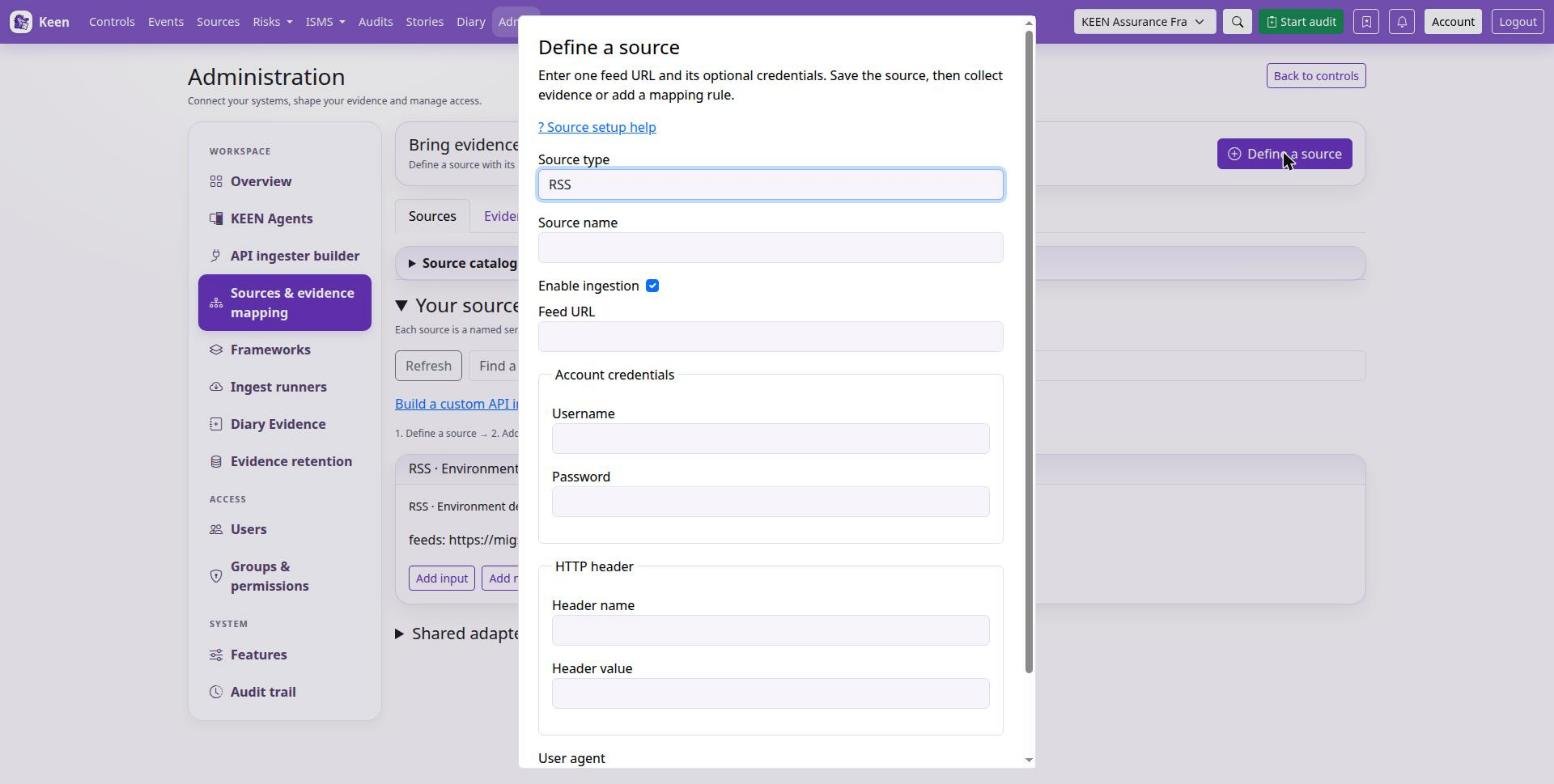 Define a source: choose the type, name it, enter its address and credentials, and save. Credentials are encrypted on the server.