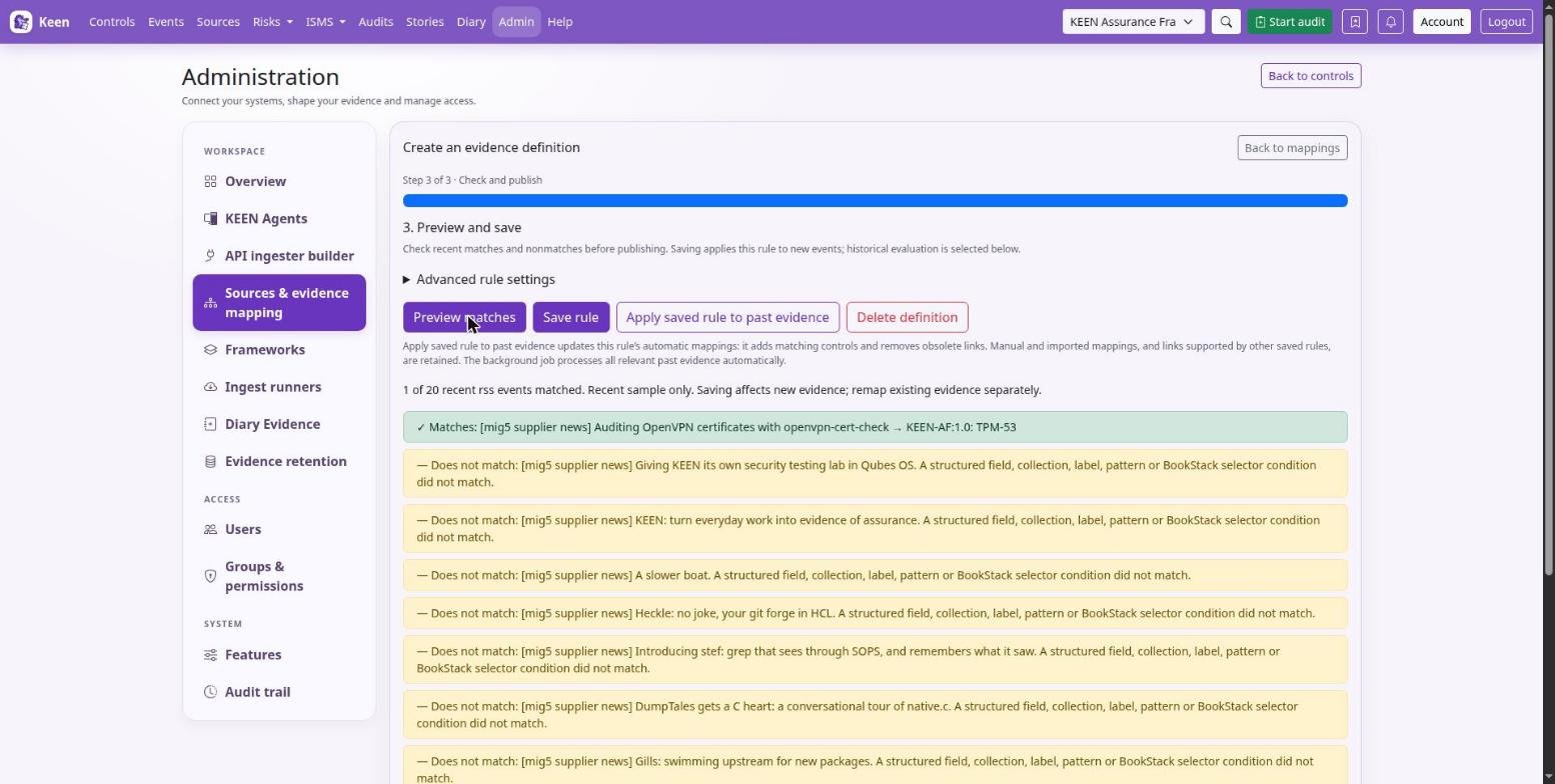 Step 3: Preview matches shows which recent events the rule matches and explains, for each non-match, which condition failed.