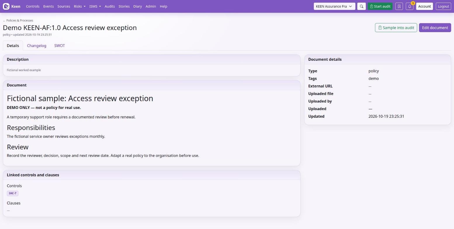 A document page: the rendered content, its details, and the controls and clauses it is linked to.
