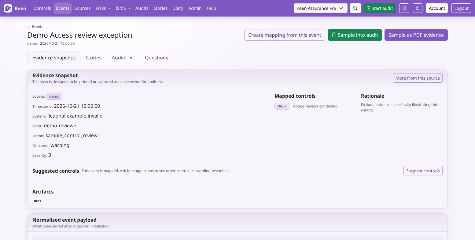 The event page: tabs for the evidence snapshot, stories, audits and questions, with the snapshot showing mapped controls and their rationale, artifacts and the normalised payload.