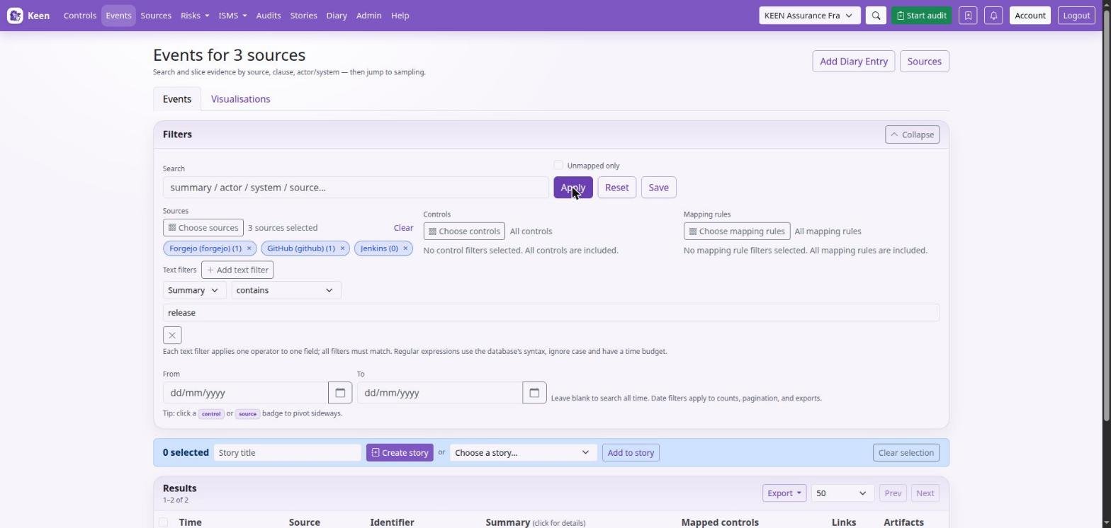 Filters on the Events page: source pills, control and mapping-rule pickers, a text filter with its operator, and a date range.