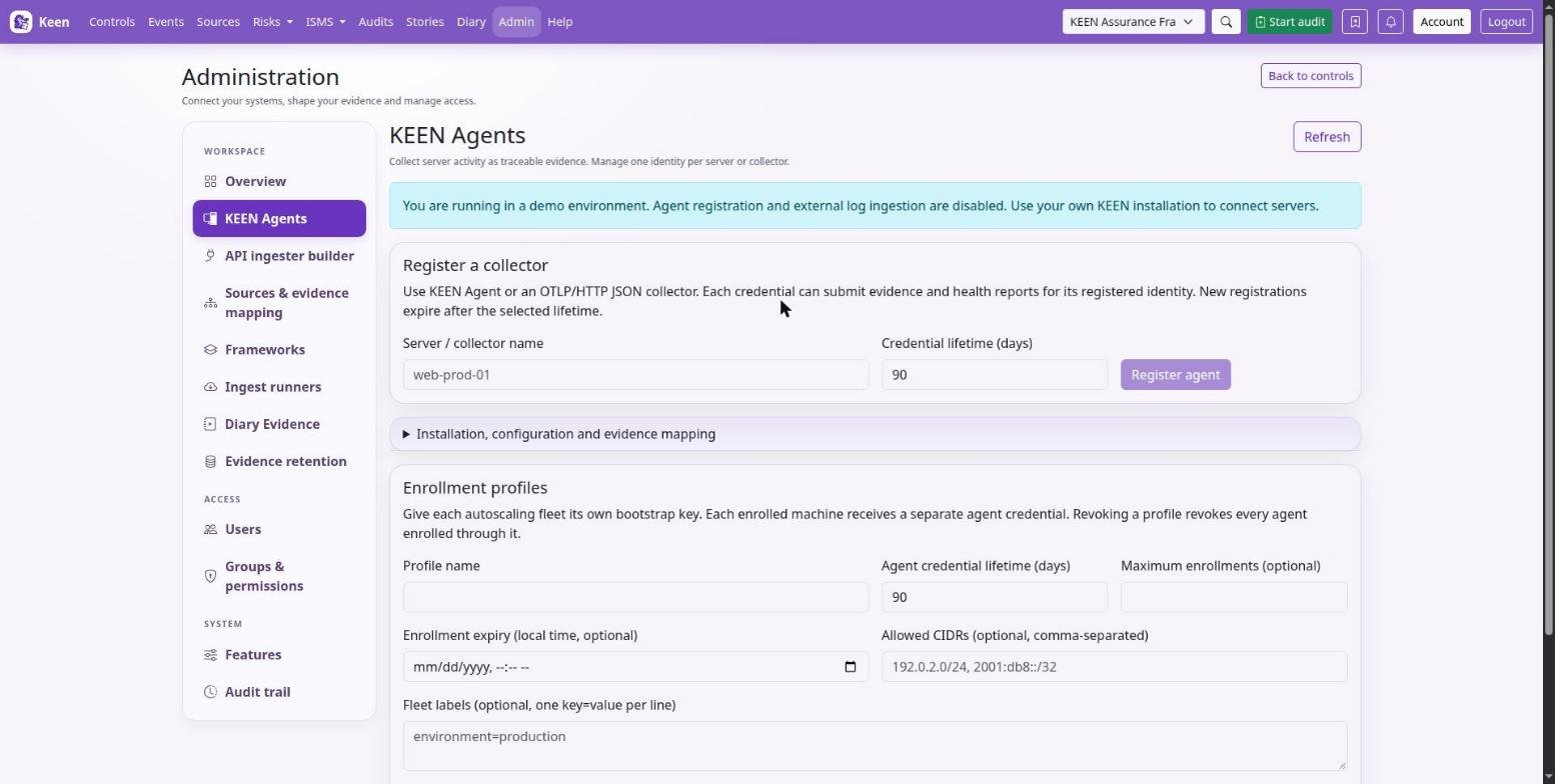 Keen Agents: register a collector with a credential lifetime, or create an enrollment profile for a fleet.