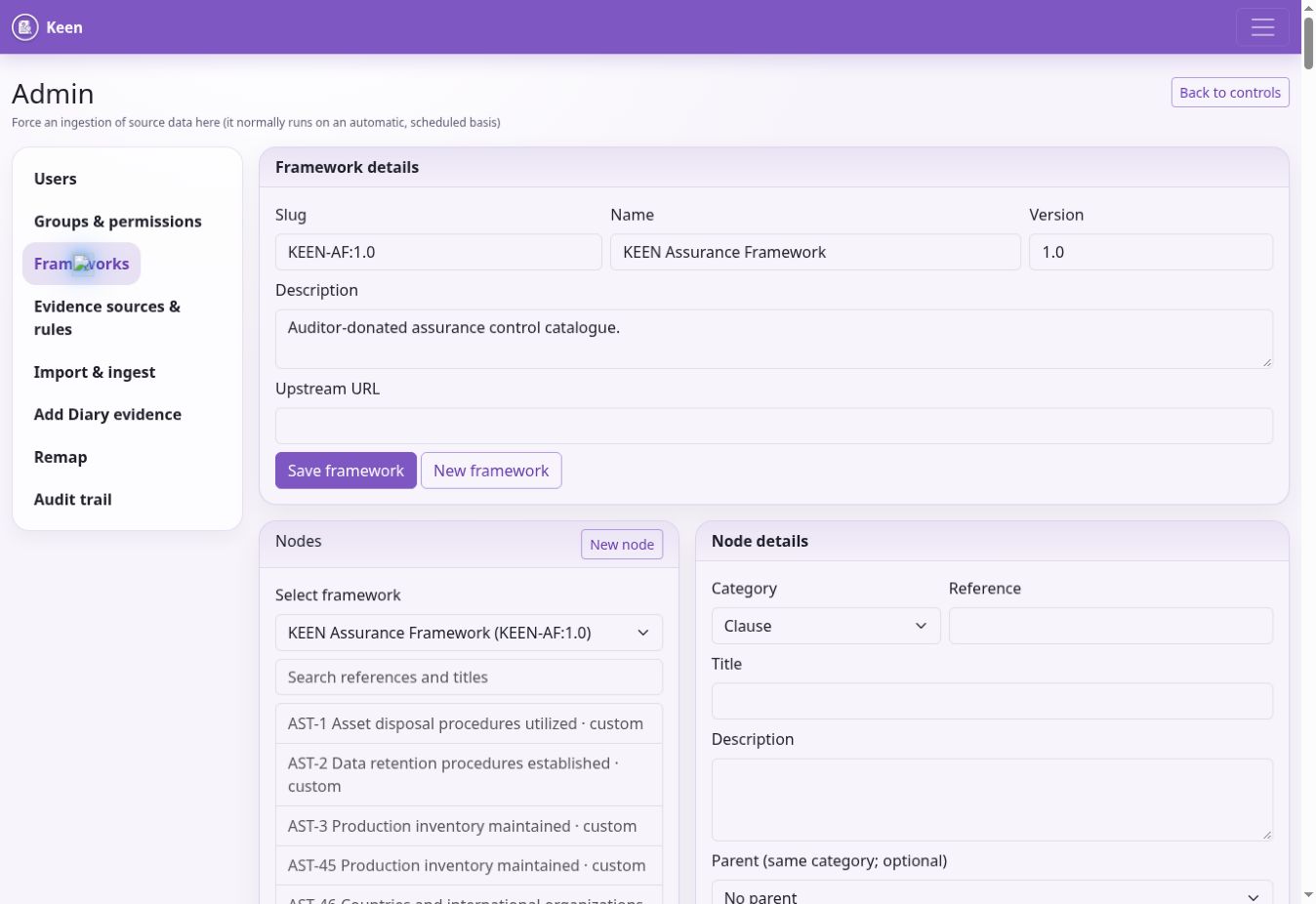 Framework metadata and the KEEN Assurance Framework node editor.