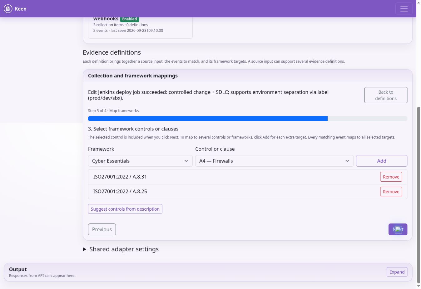 The evidence-definition wizard links matching events to framework targets.