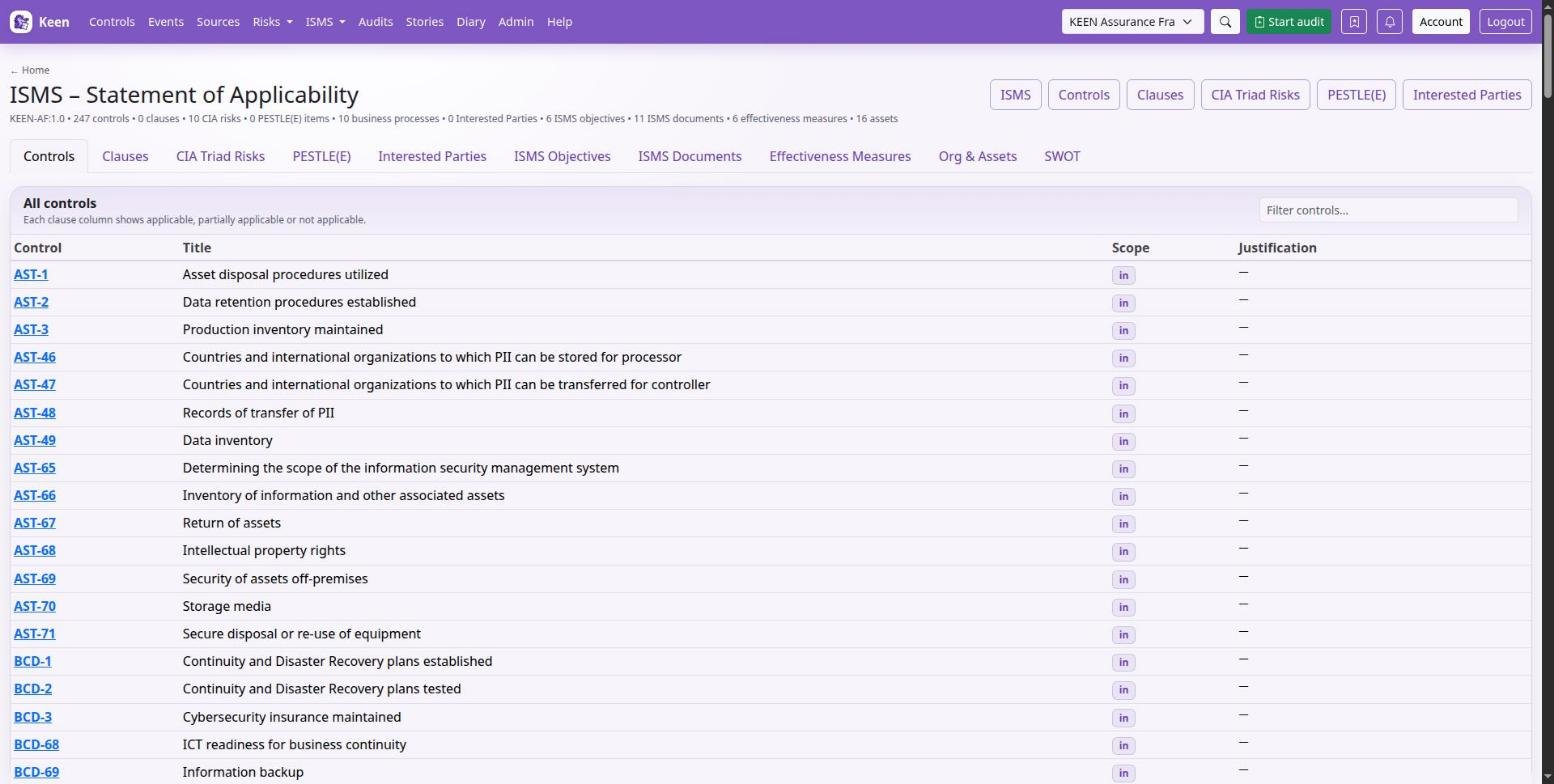 The Statement of Applicability lists every control with its scope and justification, with tabs for the ISMS records that support it.