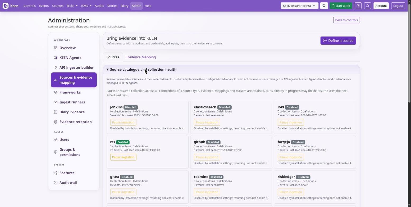 Source catalogue and collection health: each adapter's enablement, collection items, definitions and last-seen time, with a pause switch per source type.