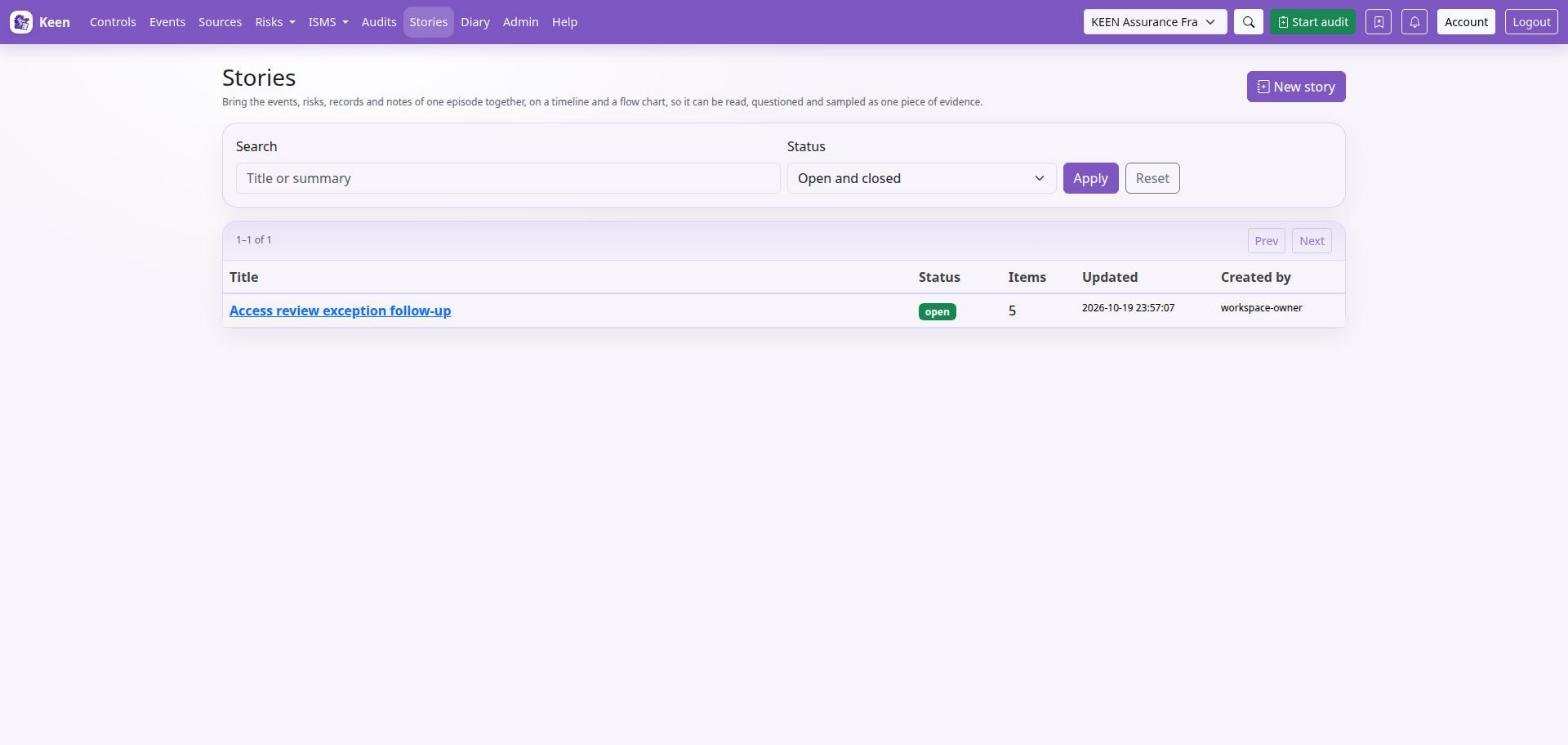 The Stories page lists every story you can read, with its status, item count and author.