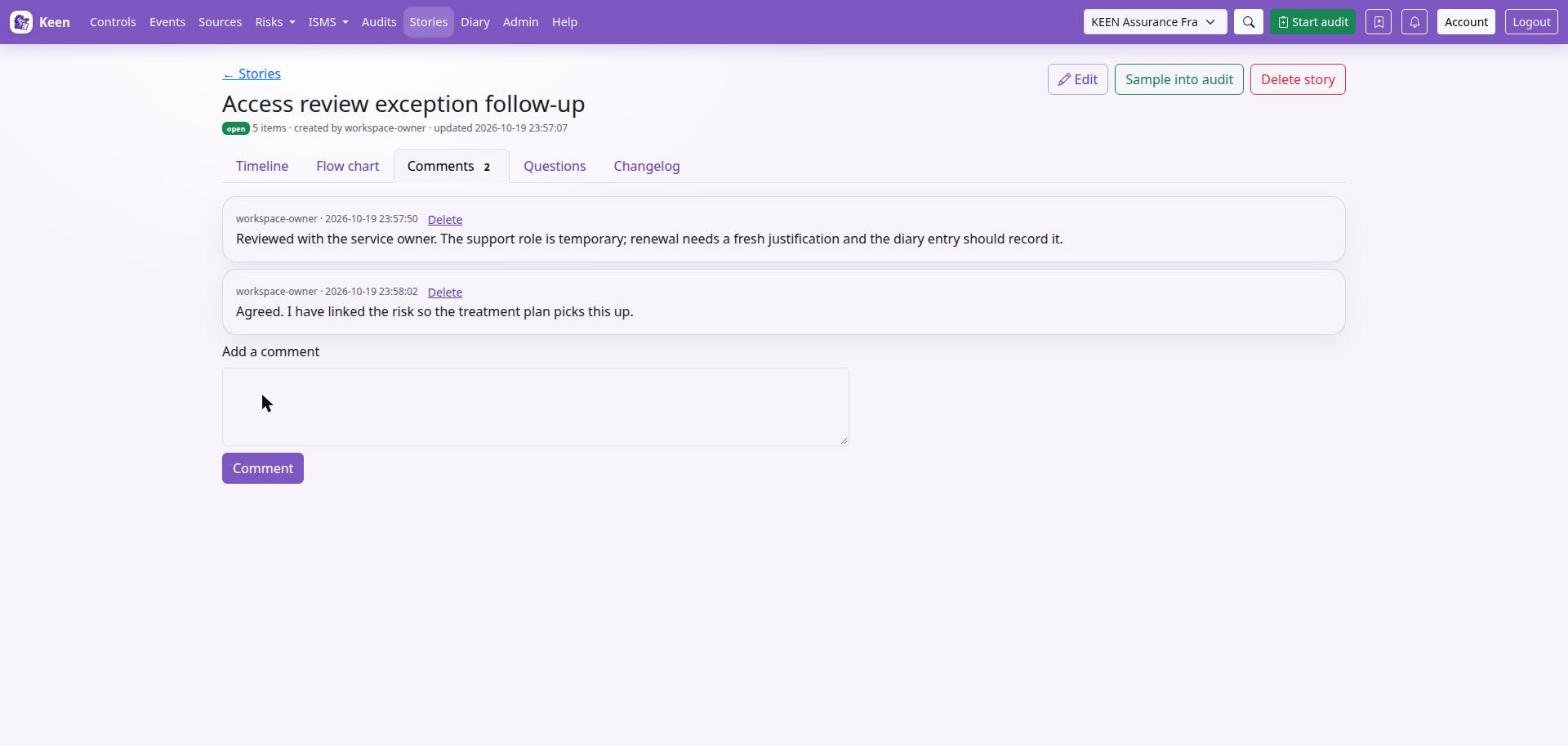 Comments stay with the story without changing its version; the Changelog records how it was assembled.