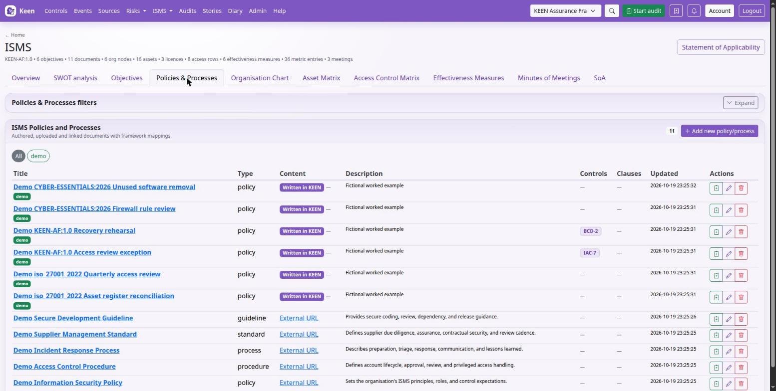 Policies & processes: documents written in Keen, uploaded or linked externally, each with its type, linked controls and last update.