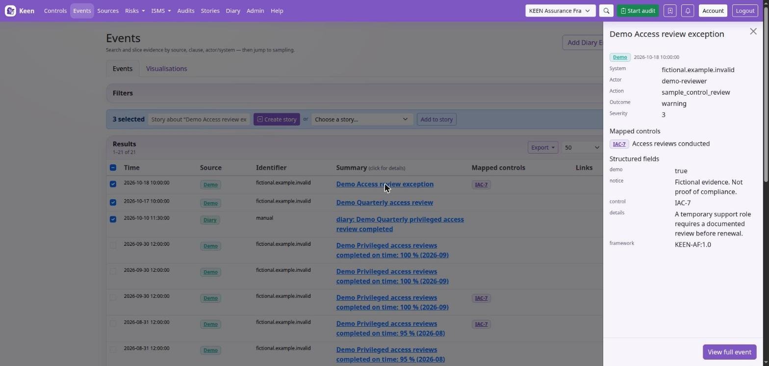 Clicking a summary opens the event beside the list: source, actor, action, outcome, mapped controls and structured fields, with a link to the full event.