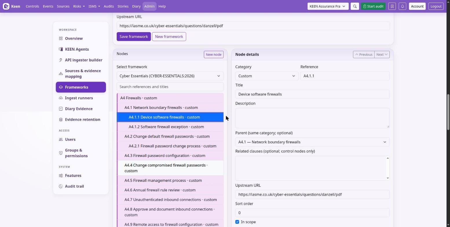 The framework editor: the node being edited is highlighted in the tree while its reference, title, parent and scope are changed on the right.