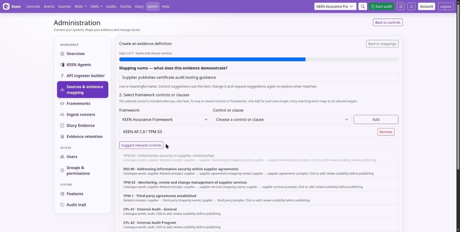 Step 2 of an evidence definition: name what the evidence demonstrates, then add the controls it supports; suggestions come from the name you typed.